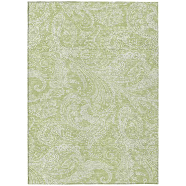 10' X 14' Green And Ivory Paisley Washable Indoor Outdoor Area Rug