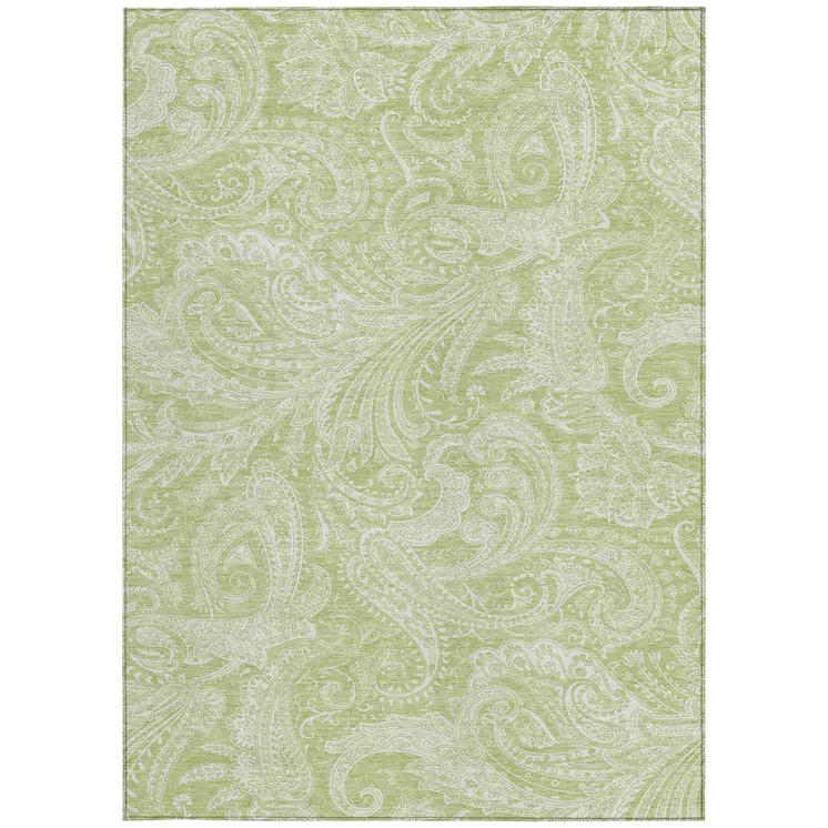 10' X 14' Green And Ivory Paisley Washable Indoor Outdoor Area Rug