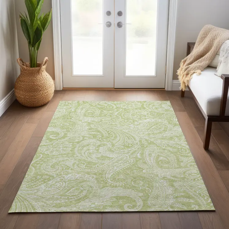 10' X 14' Green And Ivory Paisley Washable Indoor Outdoor Area Rug
