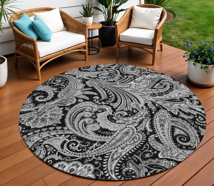 8' Black Gray And White Round Paisley Washable Indoor Outdoor Area Rug