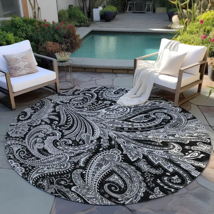 8' Black Gray And White Round Paisley Washable Indoor Outdoor Area Rug