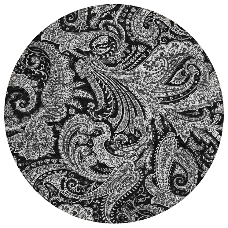 8' Black Gray And White Round Paisley Washable Indoor Outdoor Area Rug