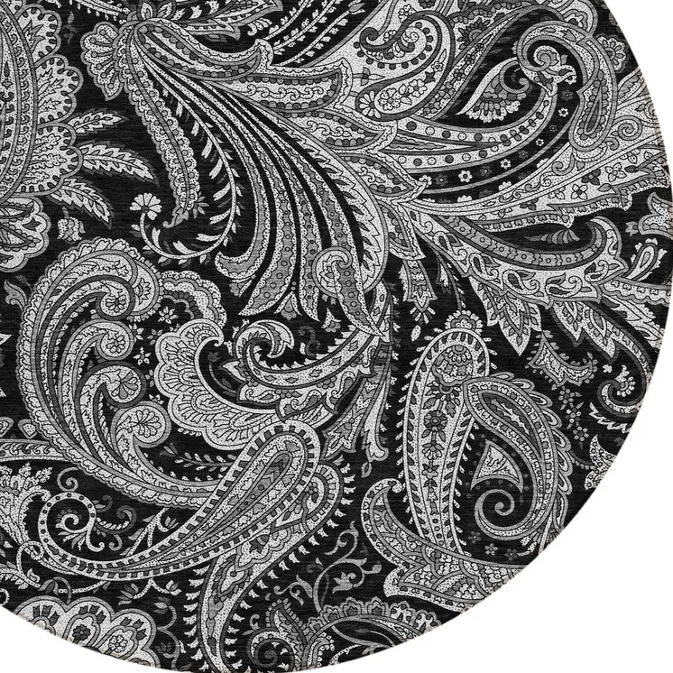 8' Black Gray And White Round Paisley Washable Indoor Outdoor Area Rug
