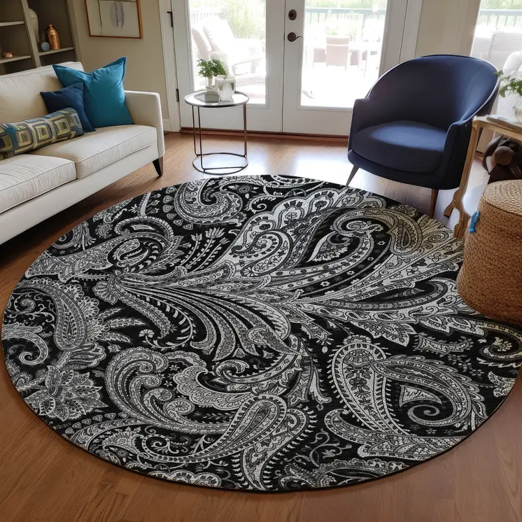 8' Black Gray And White Round Paisley Washable Indoor Outdoor Area Rug