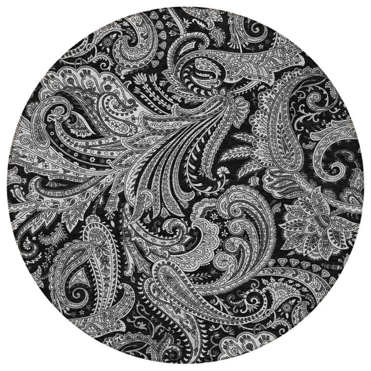 8' Black Gray And White Round Paisley Washable Indoor Outdoor Area Rug