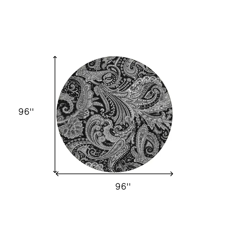 8' Black Gray And White Round Paisley Washable Indoor Outdoor Area Rug