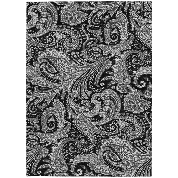 9' X 12' Black Gray And White Paisley Washable Indoor Outdoor Area Rug