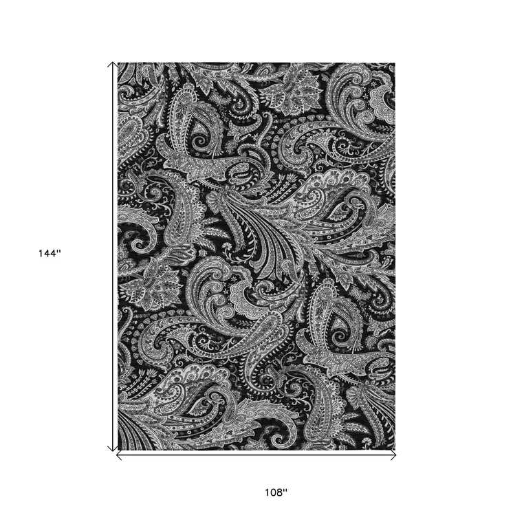 9' X 12' Black Gray And White Paisley Washable Indoor Outdoor Area Rug