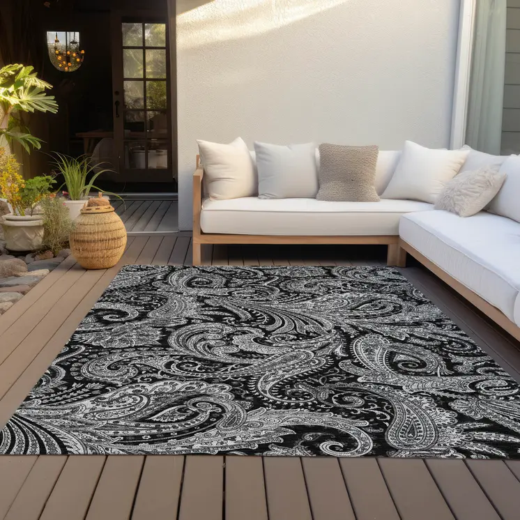 10' X 14' Black Gray And White Paisley Washable Indoor Outdoor Area Rug
