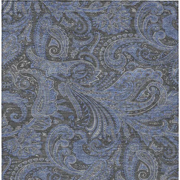 3' X 5' Charcoal Gray And Blue Paisley Washable Indoor Outdoor Area Rug