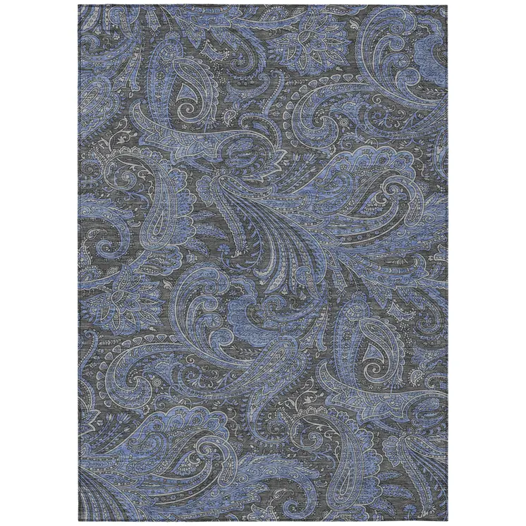 3' X 5' Charcoal Gray And Blue Paisley Washable Indoor Outdoor Area Rug