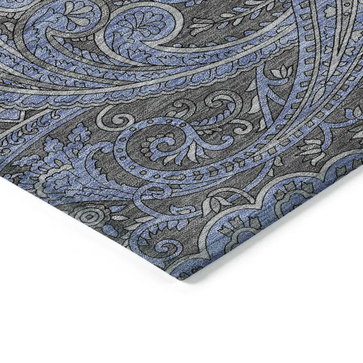 3' X 5' Charcoal Gray And Blue Paisley Washable Indoor Outdoor Area Rug