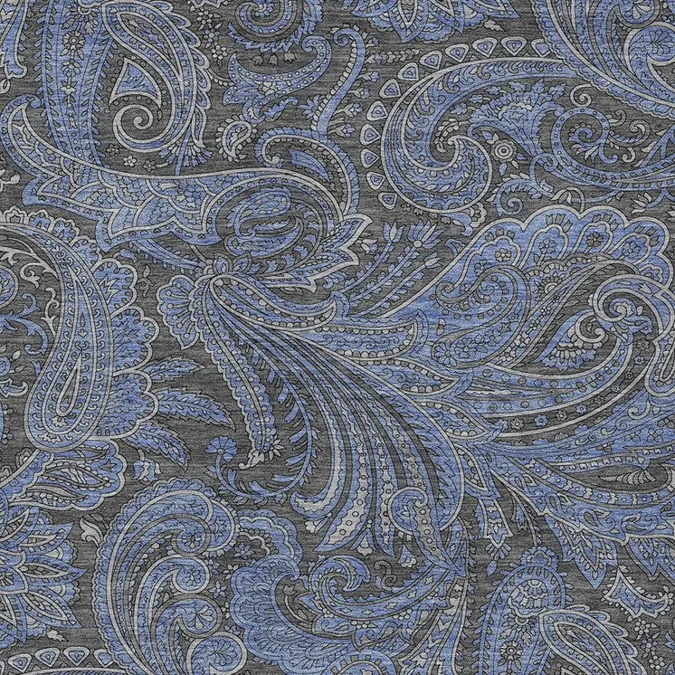 3' X 5' Charcoal Gray And Blue Paisley Washable Indoor Outdoor Area Rug
