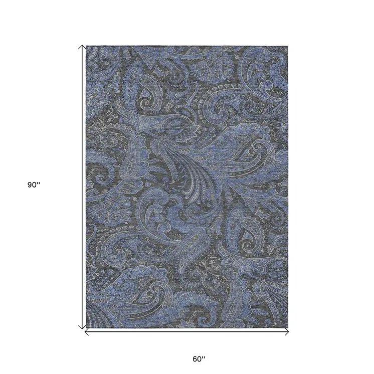 5' X 8' Charcoal Gray And Blue Paisley Washable Indoor Outdoor Area Rug