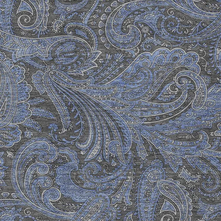 8' X 10' Charcoal Gray And Blue Paisley Washable Indoor Outdoor Area Rug