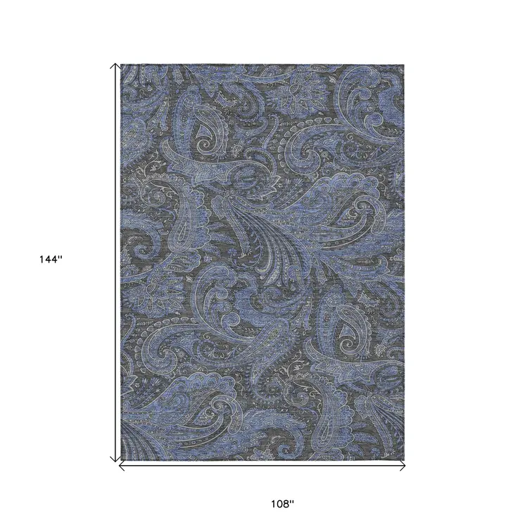 9' X 12' Charcoal Gray And Blue Paisley Washable Indoor Outdoor Area Rug