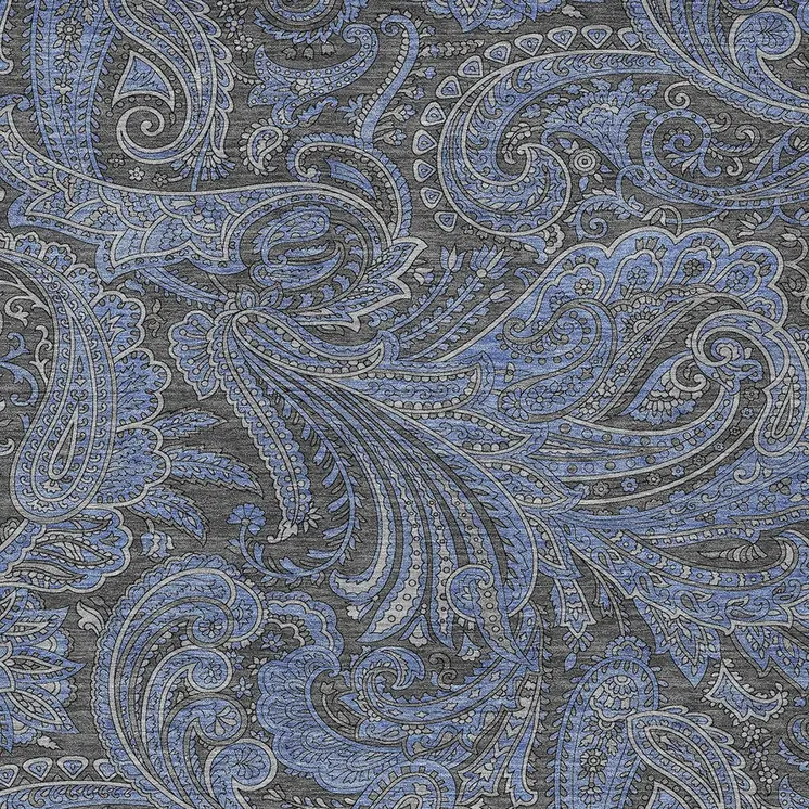 9' X 12' Charcoal Gray And Blue Paisley Washable Indoor Outdoor Area Rug