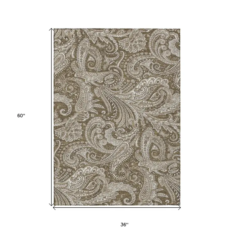 3' X 5' Chocolate Beige And Ivory Paisley Washable Indoor Outdoor Area Rug