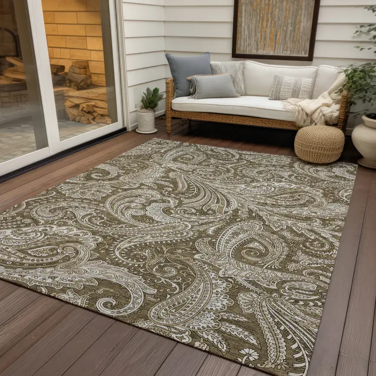 3' X 5' Chocolate Beige And Ivory Paisley Washable Indoor Outdoor Area Rug