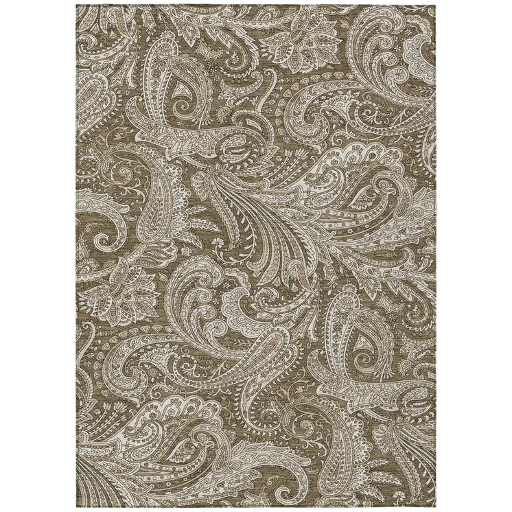 3' X 5' Chocolate Beige And Ivory Paisley Washable Indoor Outdoor Area Rug