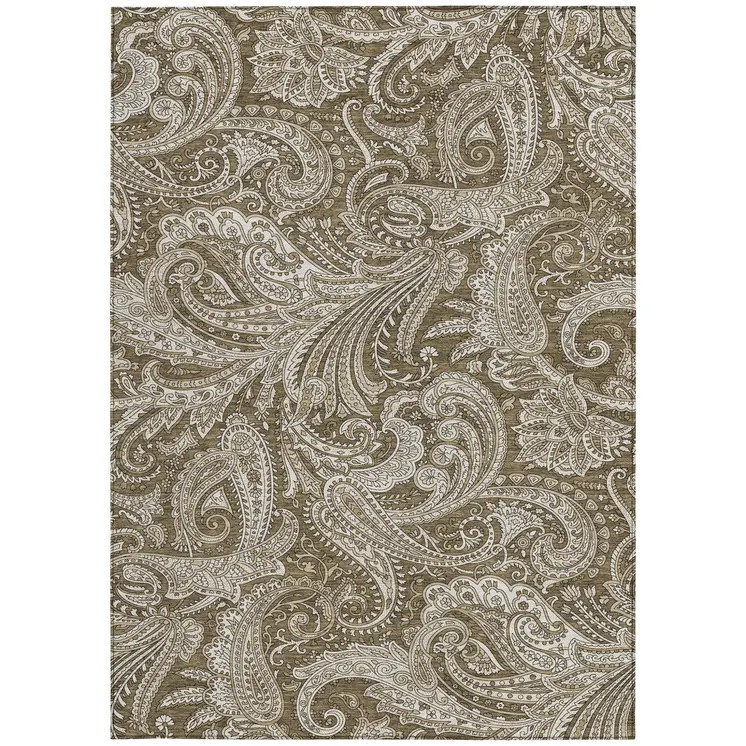 3' X 5' Chocolate Beige And Ivory Paisley Washable Indoor Outdoor Area Rug