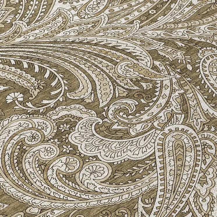 8' Chocolate Beige And Ivory Round Paisley Washable Indoor Outdoor Area Rug