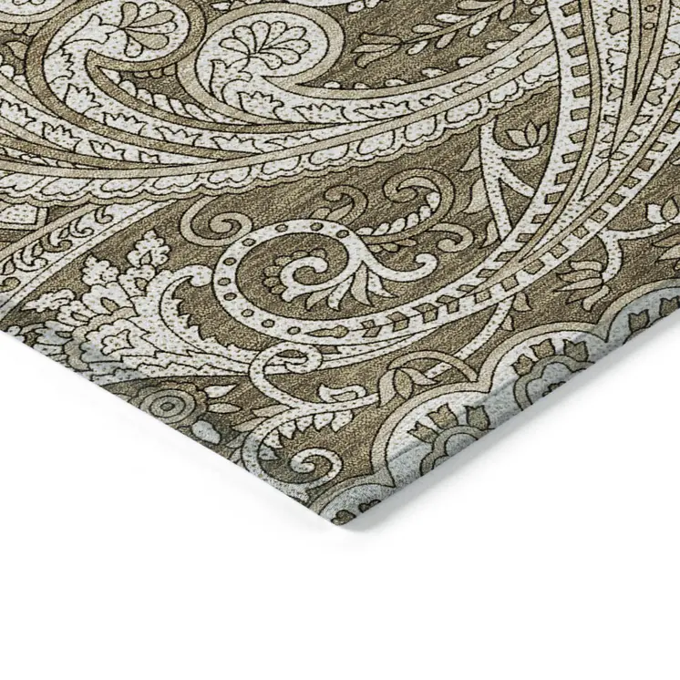 8' X 10' Chocolate Beige And Ivory Paisley Washable Indoor Outdoor Area Rug