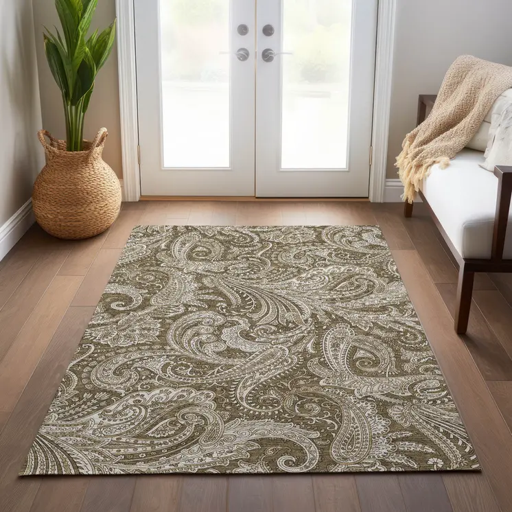 8' X 10' Chocolate Beige And Ivory Paisley Washable Indoor Outdoor Area Rug