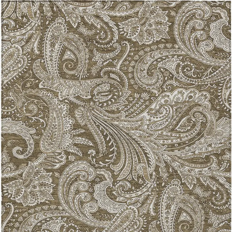 9' X 12' Chocolate Beige And Ivory Paisley Washable Indoor Outdoor Area Rug