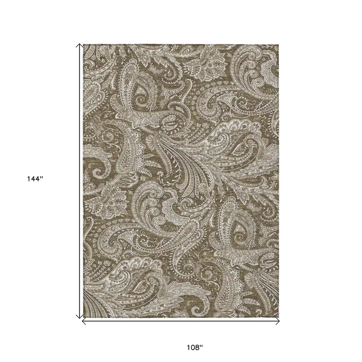 9' X 12' Chocolate Beige And Ivory Paisley Washable Indoor Outdoor Area Rug