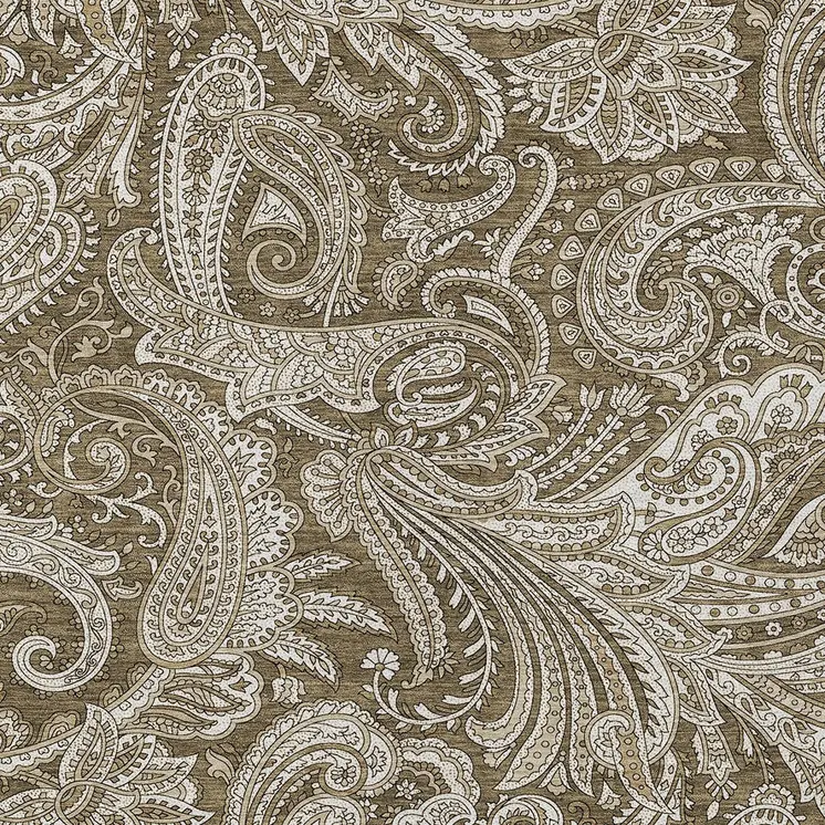9' X 12' Chocolate Beige And Ivory Paisley Washable Indoor Outdoor Area Rug