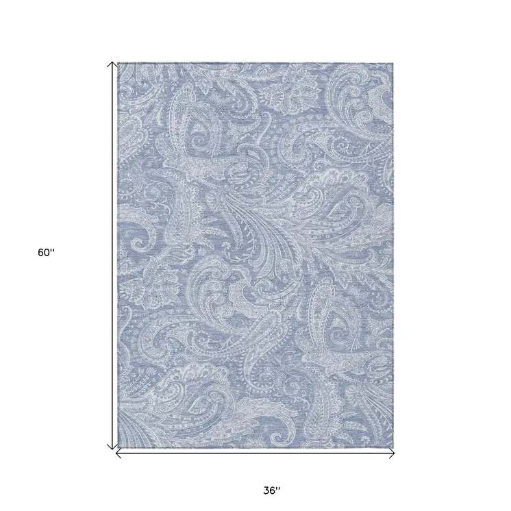 3' X 5' Denim Blue Sky Blue And Ivory Paisley Washable Indoor Outdoor Area Rug