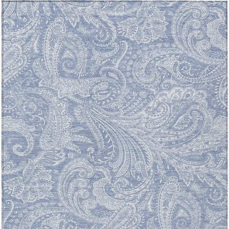 5' X 8' Denim Blue Sky Blue And Ivory Paisley Washable Indoor Outdoor Area Rug