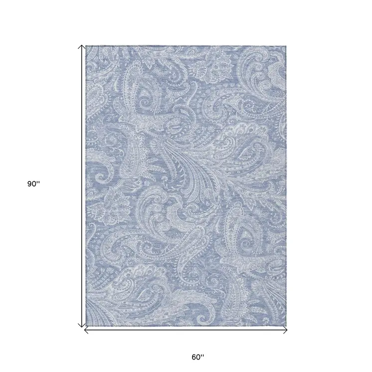 5' X 8' Denim Blue Sky Blue And Ivory Paisley Washable Indoor Outdoor Area Rug