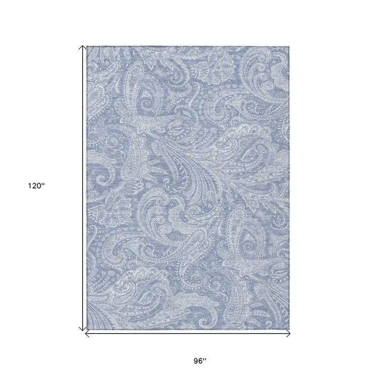 8' X 10' Denim Blue Sky Blue And Ivory Paisley Washable Indoor Outdoor Area Rug