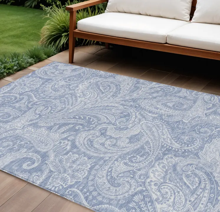 8' X 10' Denim Blue Sky Blue And Ivory Paisley Washable Indoor Outdoor Area Rug
