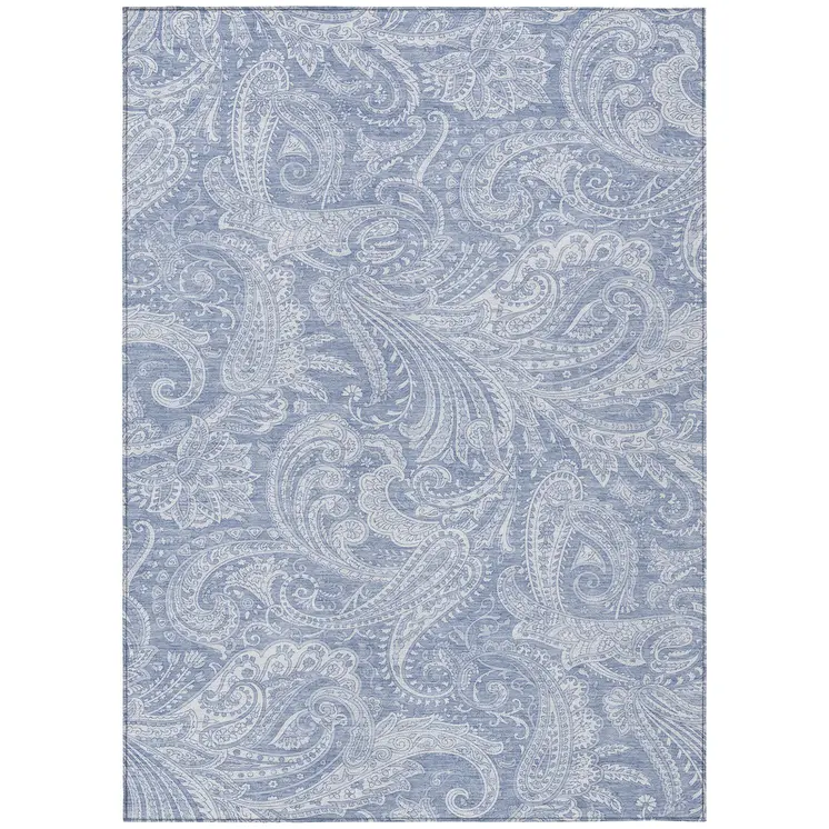8' X 10' Denim Blue Sky Blue And Ivory Paisley Washable Indoor Outdoor Area Rug
