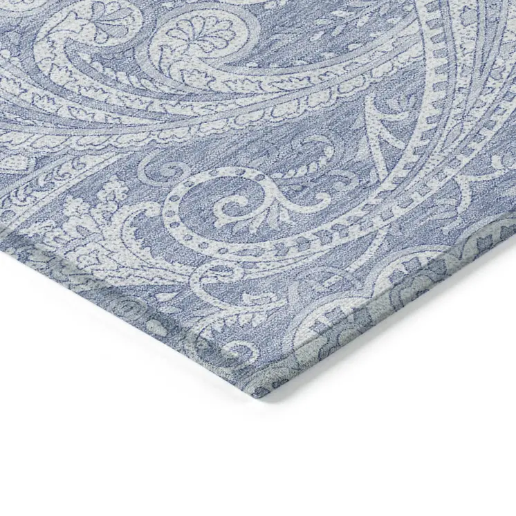 8' X 10' Denim Blue Sky Blue And Ivory Paisley Washable Indoor Outdoor Area Rug