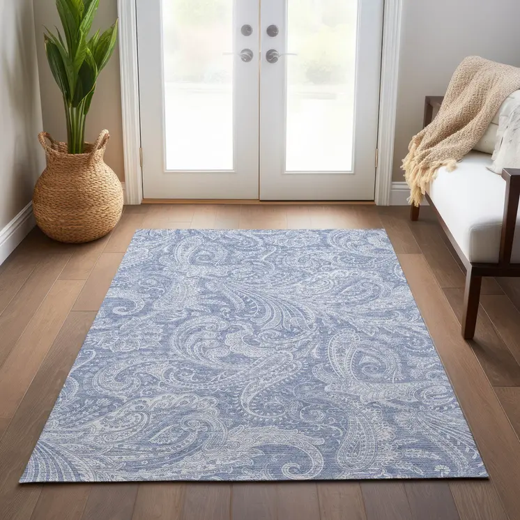 8' X 10' Denim Blue Sky Blue And Ivory Paisley Washable Indoor Outdoor Area Rug