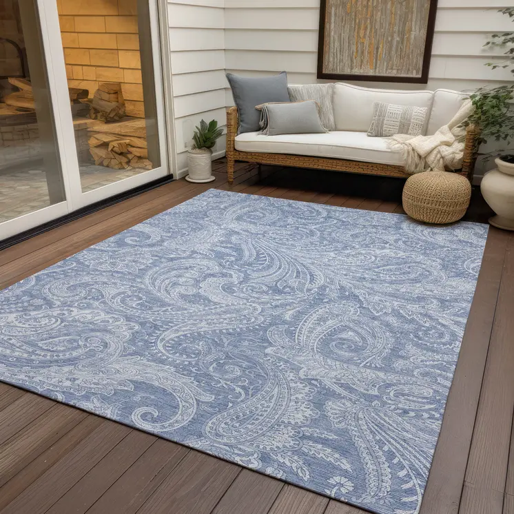 8' X 10' Denim Blue Sky Blue And Ivory Paisley Washable Indoor Outdoor Area Rug