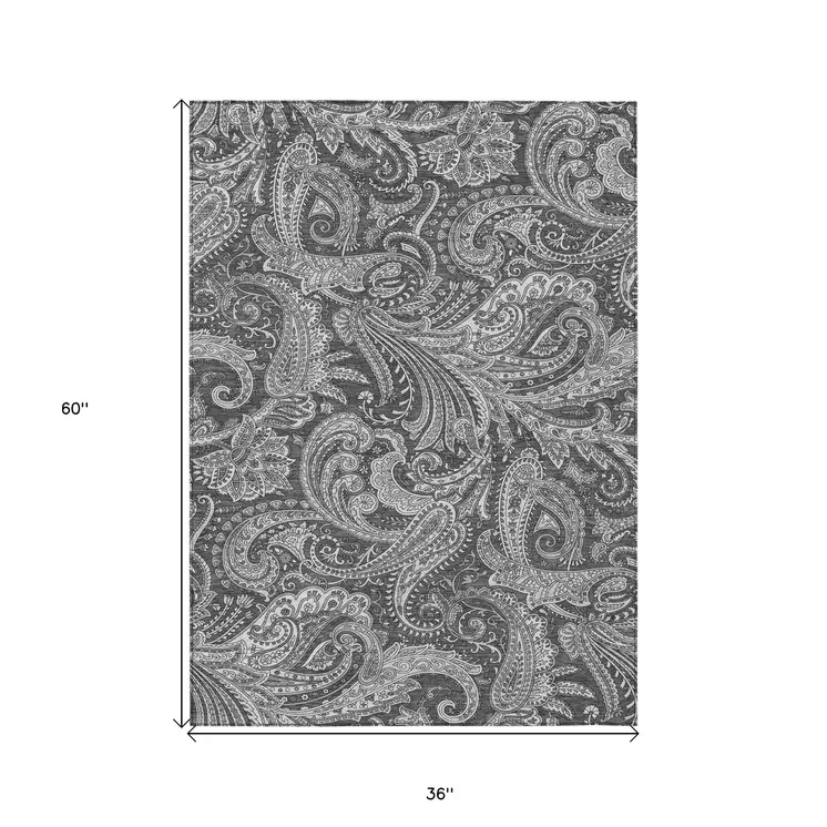 3' X 5' Gray Charcoal And Ivory Paisley Washable Indoor Outdoor Area Rug