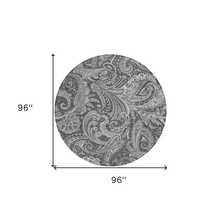 8' Gray Charcoal And Ivory Round Paisley Washable Indoor Outdoor Area Rug