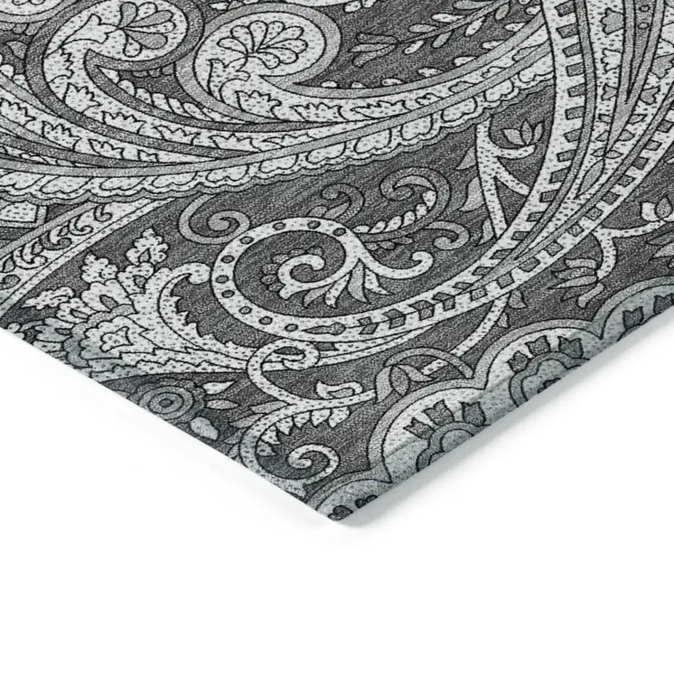 8' X 10' Gray Charcoal And Ivory Paisley Washable Indoor Outdoor Area Rug