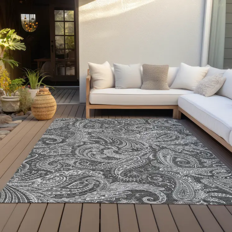 10' X 14' Gray Charcoal And Ivory Paisley Washable Indoor Outdoor Area Rug