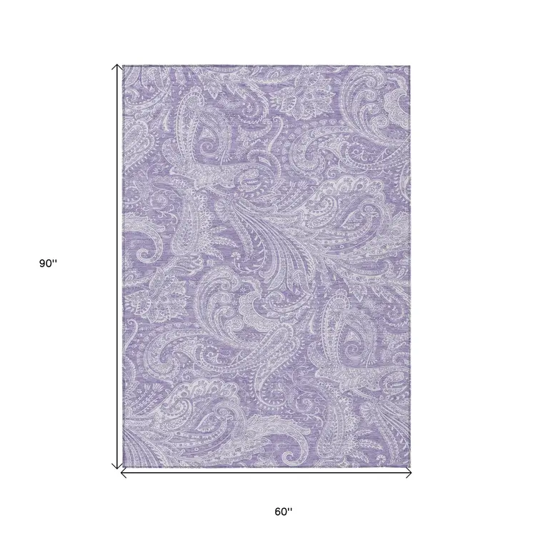 5' X 8' Lavender Purple And Ivory Paisley Washable Indoor Outdoor Area Rug