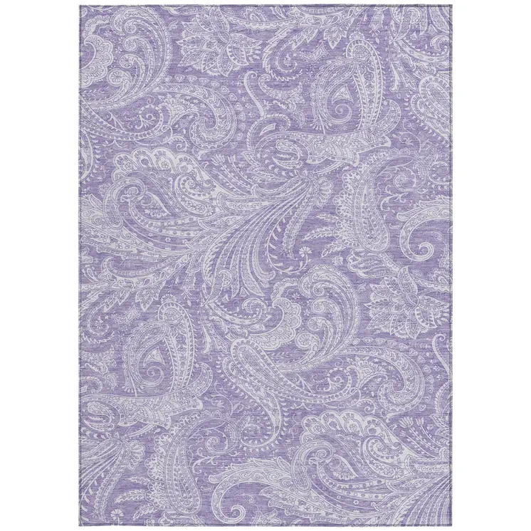 9' X 12' Lavender Purple And Ivory Paisley Washable Indoor Outdoor Area Rug