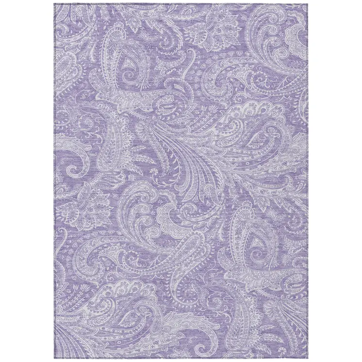 9' X 12' Lavender Purple And Ivory Paisley Washable Indoor Outdoor Area Rug