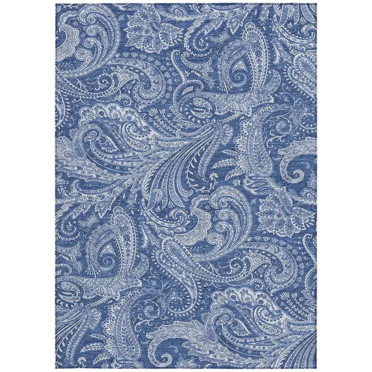 3' X 5' Navy Blue And Denim Blue Paisley Washable Indoor Outdoor Area Rug