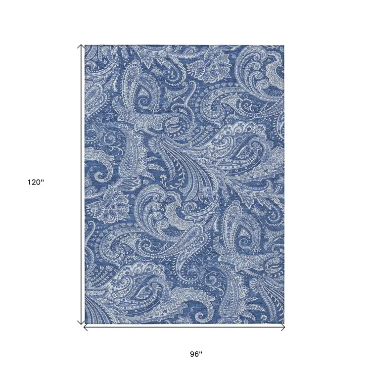 8' X 10' Navy Blue And Denim Blue Paisley Washable Indoor Outdoor Area Rug