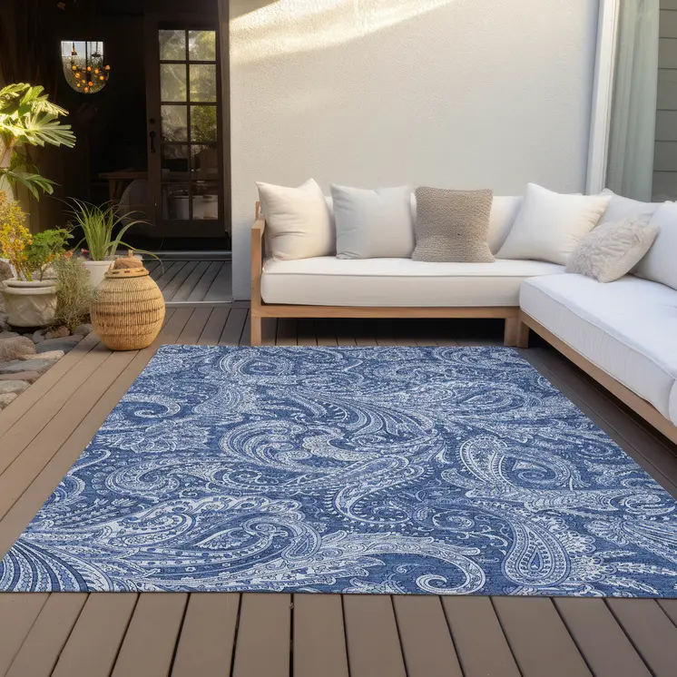 8' X 10' Navy Blue And Denim Blue Paisley Washable Indoor Outdoor Area Rug